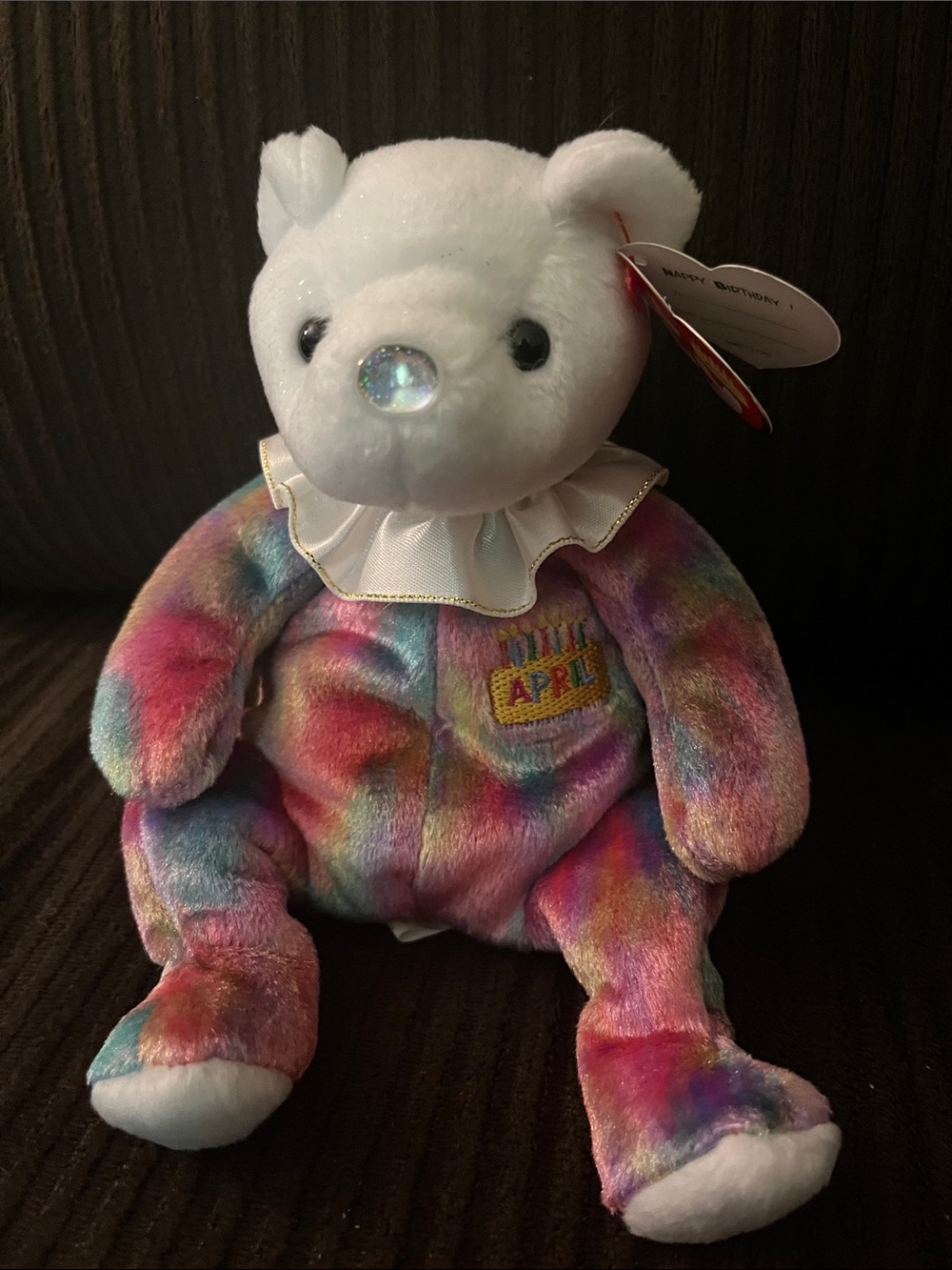 Ty April Birthday Beanie Baby “Diamond” Multicolor Tie-Dye Plush Bear